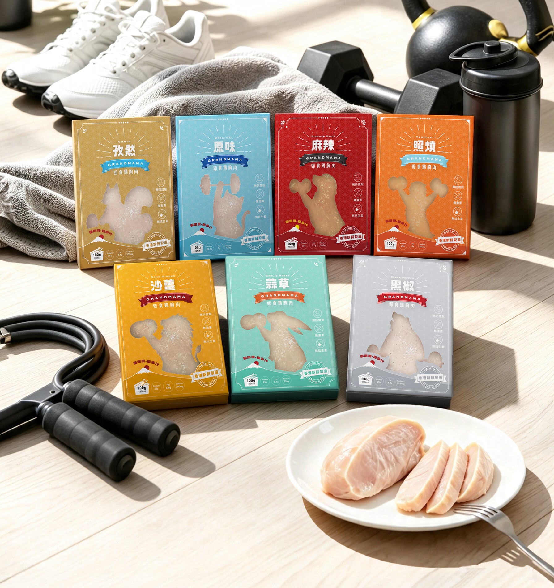 Assorted flavors of instant chicken breast boxes and sliced chicken breast display by Grandmama Store in Hong Kong.