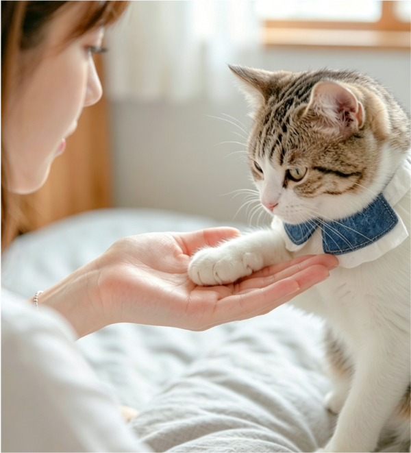 Close-up of a cat wearing a denim collar placing its paw on a hand at Grandmama Store in Hong Kong.