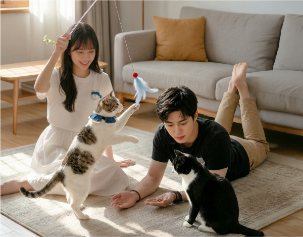 Couple playing with their cats on a living room rug at Grandmama Store in Hong Kong.