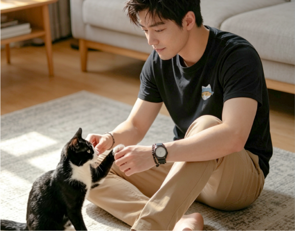 Man sitting on a rug playing with a tuxedo cat at Grandmama Store in Hong Kong.