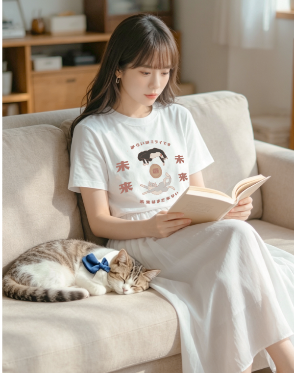 Woman wearing the white Lazy Cat tee reading on a sofa next to a sleeping cat at Grandmama Store in Hong Kong.