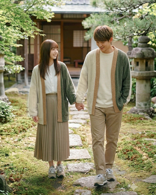 A couple wearing matching Hand-cranked Kimonos in Yakushima colorway walking through a Japanese garden at Grandmama Store in Hong Kong.