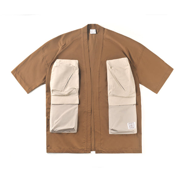 A front flat-lay view of the brown Morikawa Yama Kimono Jacket featuring large beige contrast utility pockets on a white background at Grandmama Store in Hong Kong.