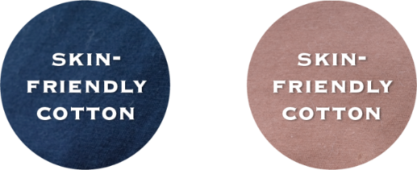 A graphic featuring navy blue and light pink fabric swatches labeled "Skin-Friendly Cotton" for the Kamon Tee collection at Grandmama Store in Hong Kong.