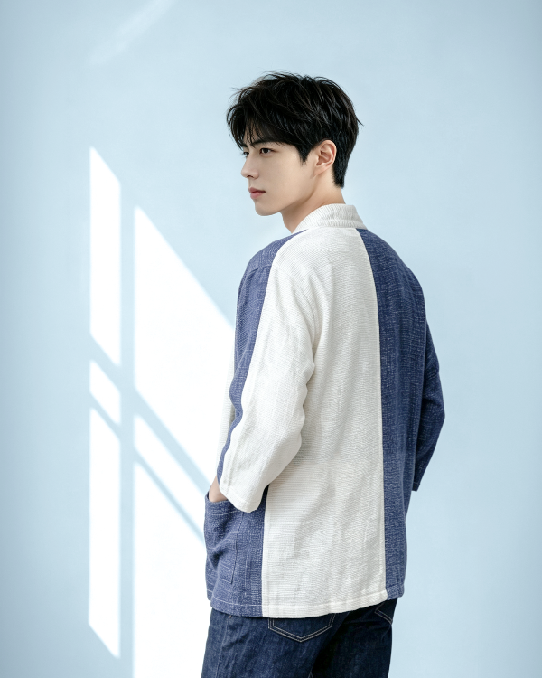 A man modeling a beige and blue color-blocked Hand-cranked Kimono at Grandmama Store in Hong Kong.