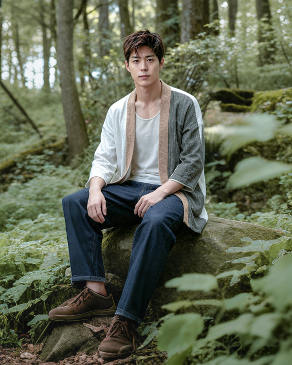 A man modeling a two-tone Hand-cranked Kimono in an outdoor forest setting at Grandmama Store in Hong Kong.