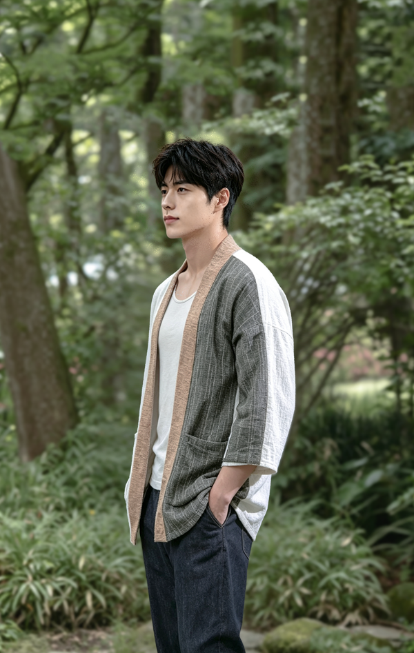 A man modeling the Hand-cranked Kimono in Yakushima colorway in a forest setting at Grandmama Store in Hong Kong.