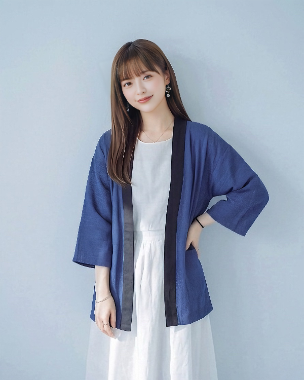 A woman modeling a royal blue Hand-cranked Kimono cardigan over a white dress at Grandmama Store in Hong Kong.