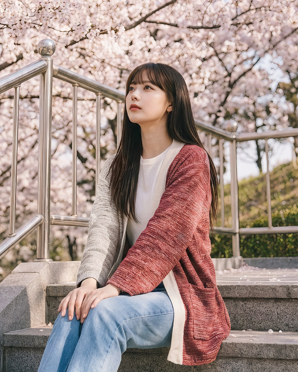 A woman modeling a terracotta and beige Hand-cranked Kimono under cherry blossoms at Grandmama Store in Hong Kong.