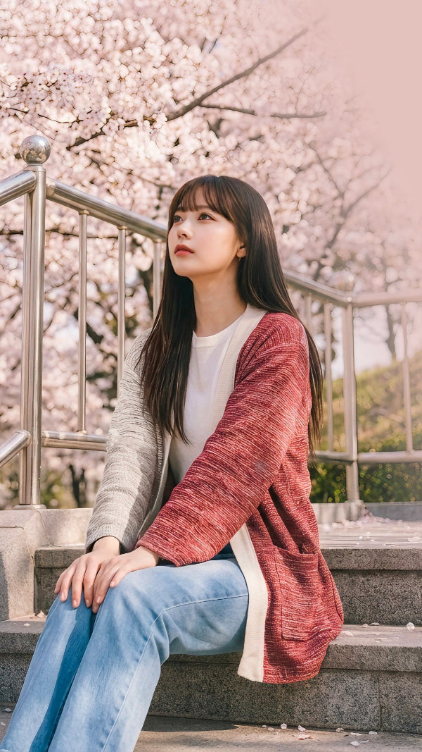 A woman modeling the Hand-cranked Kimono in Tokyo Tower colorway under cherry blossom trees at Grandmama Store in Hong Kong.