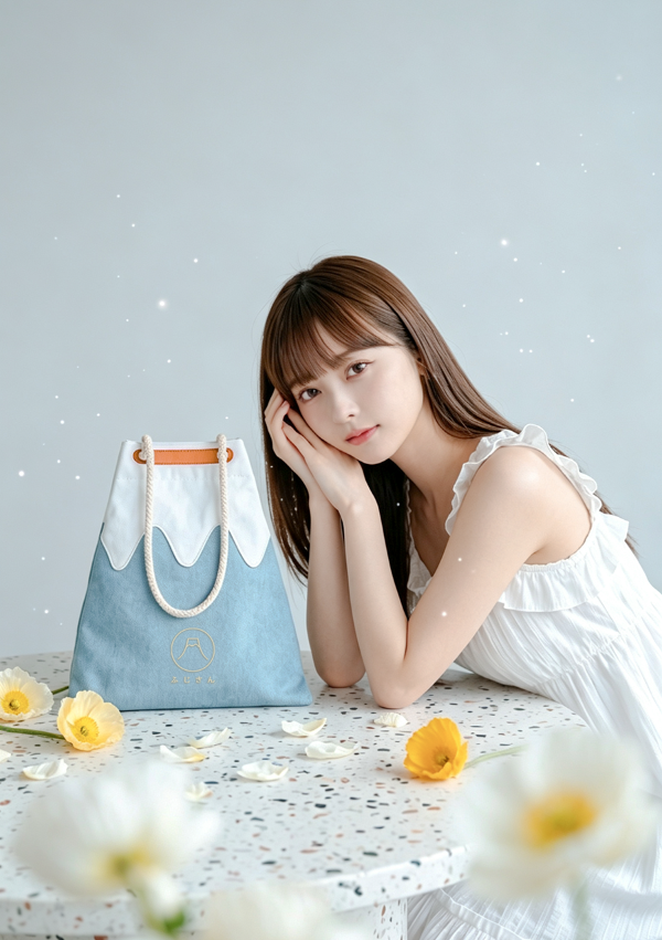 A woman posing at a terrazzo table next to a light blue Mt. Fuji sake bag decorated with yellow flowers at Grandmama Store in Hong Kong.