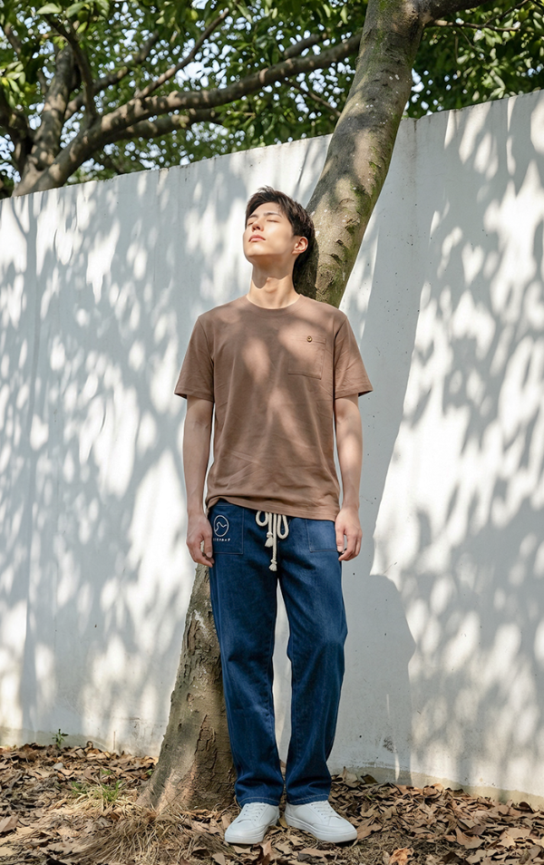 A young man standing outdoors under dappled sunlight wearing a brown Kamon Tee-LionRock pocket t-shirt and blue trousers at Grandmama Store in Hong Kong.