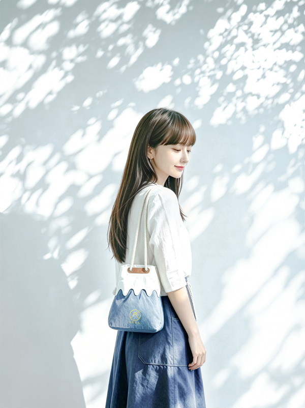 A young woman carrying a light blue Mt. Fuji sake bag over her shoulder against a wall with dappled sunlight at Grandmama Store in Hong Kong.