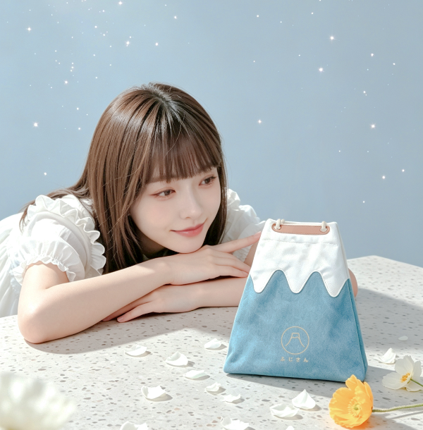 A young woman looking at a light blue Mt. Fuji sake bag on a terrazzo table with flower petals at Grandmama Store in Hong Kong.