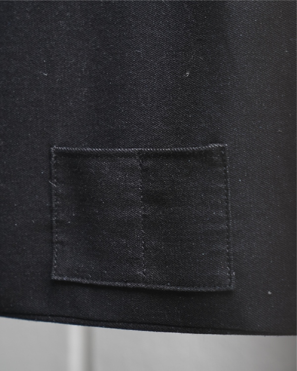 Back card holder pocket detail on the Light of Dawn Sake Bag in Black Denim at Grandmama Store in Hong Kong.