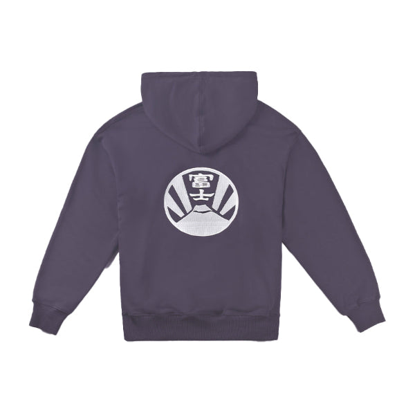 Back product shot of a dark purple Kamon Hoodie with white Fujisan crest print at Grandmama Store in Hong Kong.