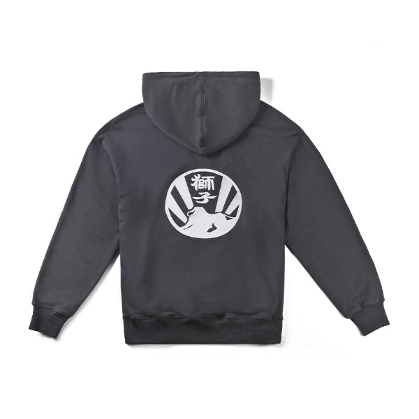 Back view flat lay of dark grey Kamon Hoodie-Lion Rock with white circular back crest graphic at Grandmama Store in Hong Kong.
