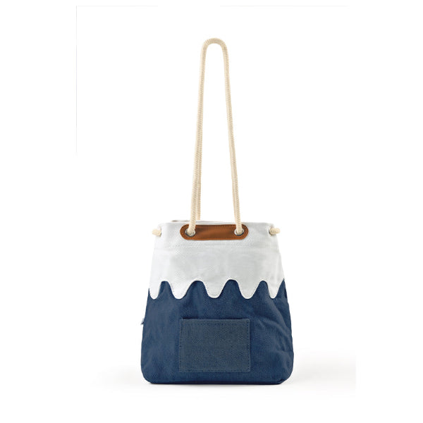 Back view of the dark navy blue Mt. Fuji sake bag showing the outer slip pocket at Grandmama Store in Hong Kong.