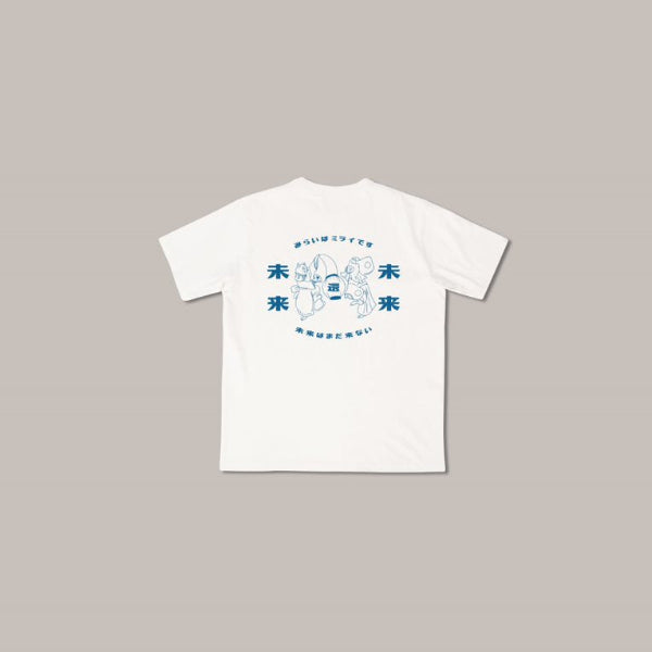 Back view of the white Dancing Cat Tee (Bright Blue edition) at Grandmama Store in Hong Kong.