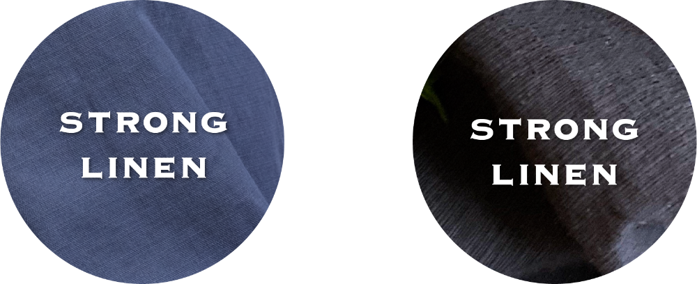 Circular close-up swatches showing navy blue and dark linen fabric texture for the Kamon Kimono Jacket at Grandmama Store in Hong Kong.