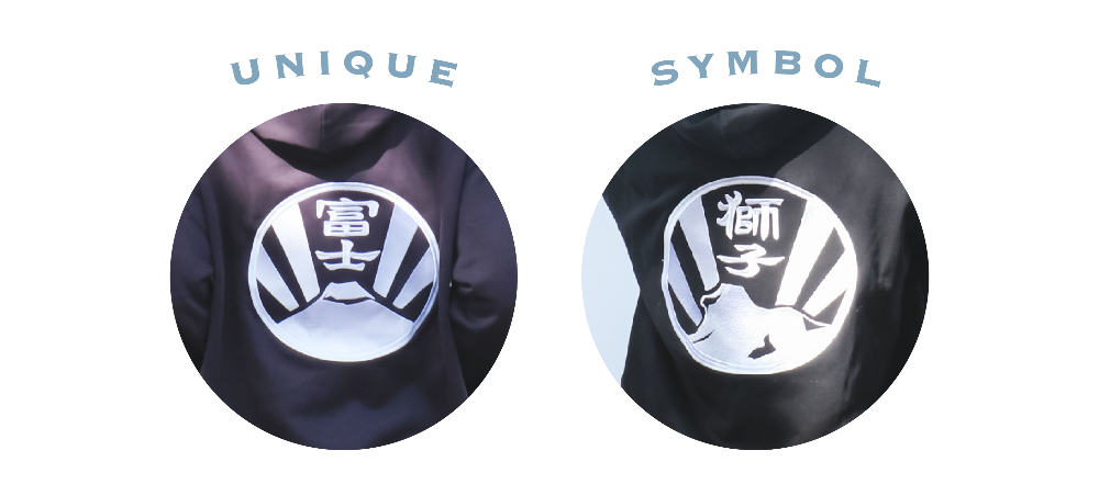 Close-up circular graphics of the Fujisan and lion back crest prints on Kamon Hoodies at Grandmama Store in Hong Kong.