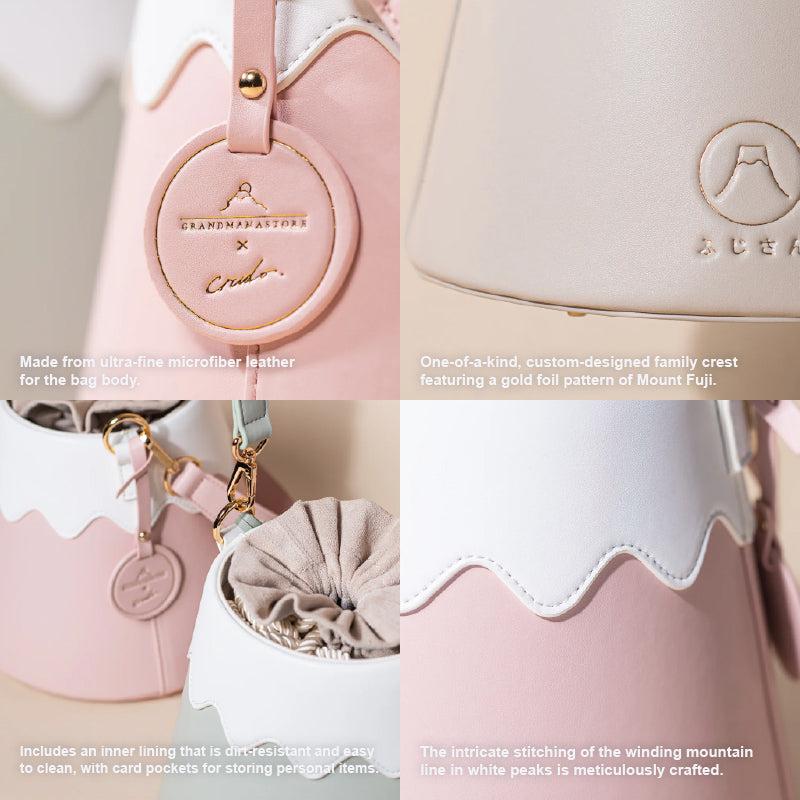 Close-up collage of leather textures, stitching, and embossed logos on Mt. Fuji bags at Grandmama Store in Hong Kong.