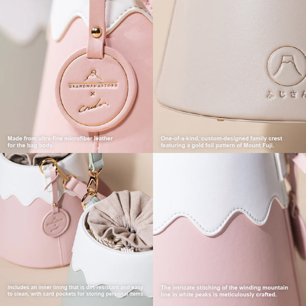 Close-up collage of leather textures, stitching, and embossed logos on Mt. Fuji bags at Grandmama Store in Hong Kong.