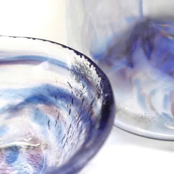 Close-up of indigo blue swirled glass Spiral Pattern Sake One Cup at Grandmama Store in Hong Kong