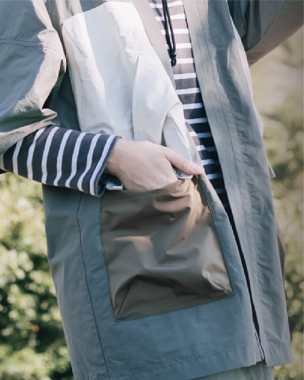 Close-up of lower pocket and layering on the Morikawa Yama Kimono Jacket at Grandmama Store in Hong Kong.
