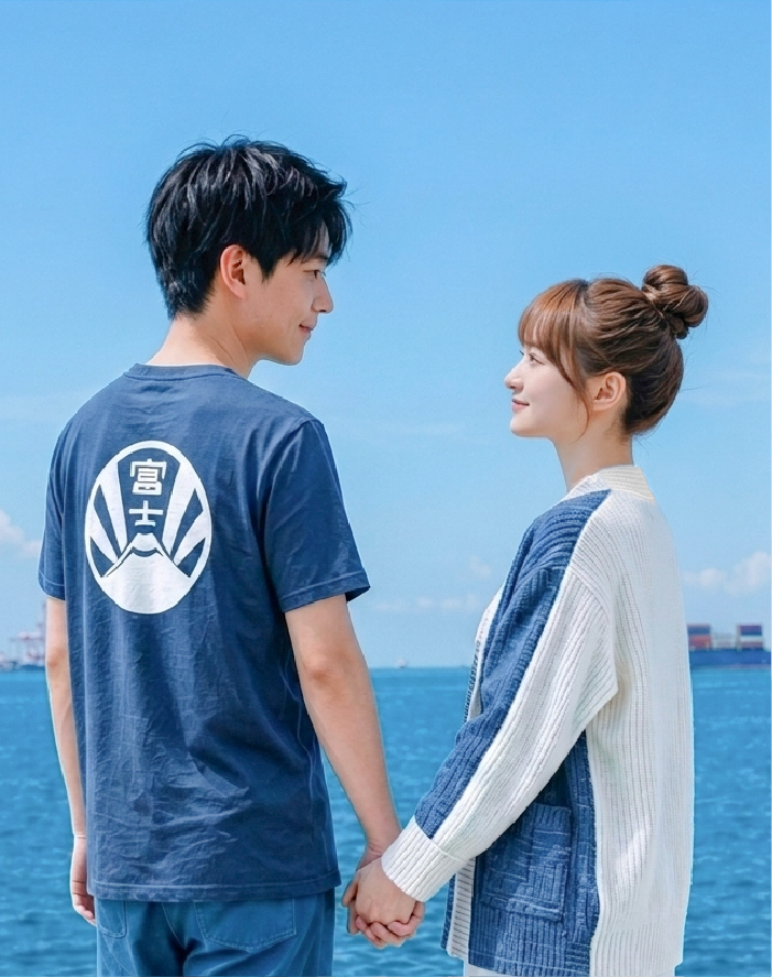 A outdoor lifestyle couple photo taken along the waterfront under a clear blue sky. A man standing on the left wears a navy blue t-shirt featuring the white circular Mt. Fuji logo on the back. He holds hands with a woman wearing the Hand-cranked Kimono cardigan, which showcases a two-tone knit design with indigo blue textured corduroy/denim panels paired with cream ribbed sleeves and back from the Fuji Series at Grandmama Store in Hong Kong.