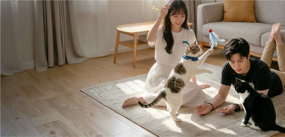 Couple playing with their cats on a living room rug at Grandmama Store in Hong Kong.