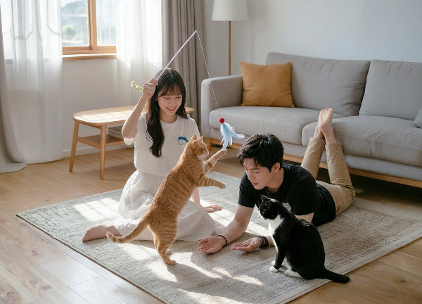 Couple wearing cat tees playing with cats in a living room setting at Grandmama Store in Hong Kong.