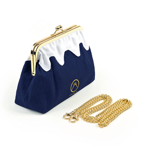Dark blue Mt. Fuji Pocket Bag with white snow-cap design, gold kiss-lock clasp, and detachable gold chain at Grandmama Store in Hong Kong.