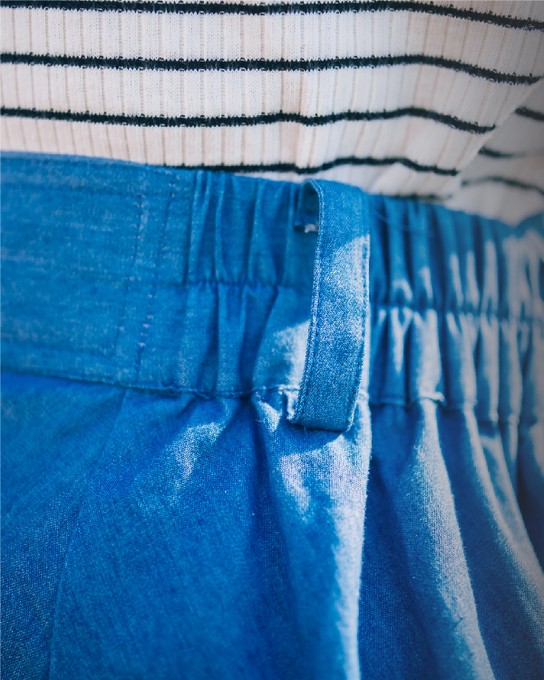 Elastic waistband detail of the Yama Ocean Pocket Dress at Grandmama Store in Hong Kong.