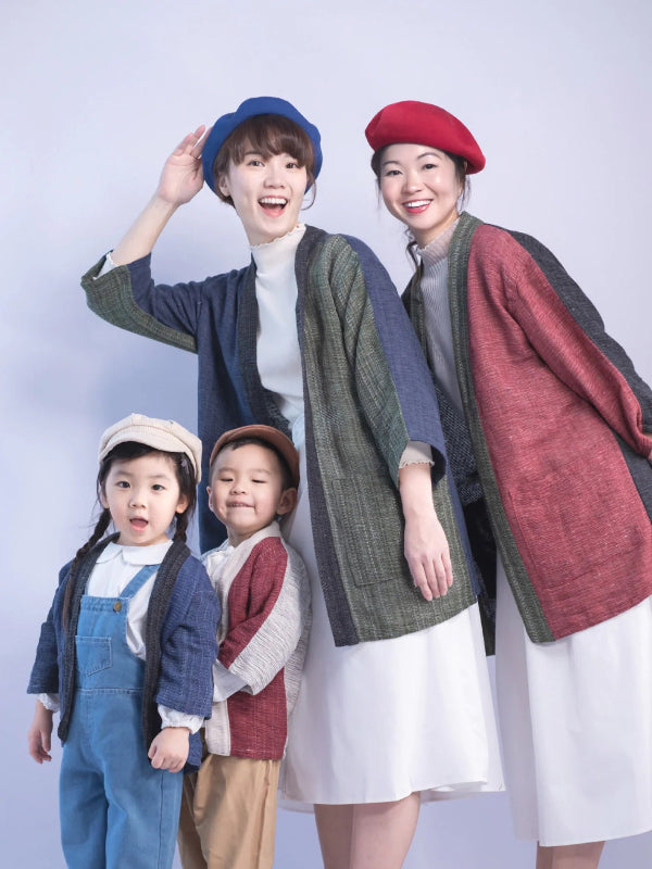 Family group photo showcasing matching adult and Hand-cranked Kids Kimono jackets in various woven colors at Grandmama Store in Hong Kong.