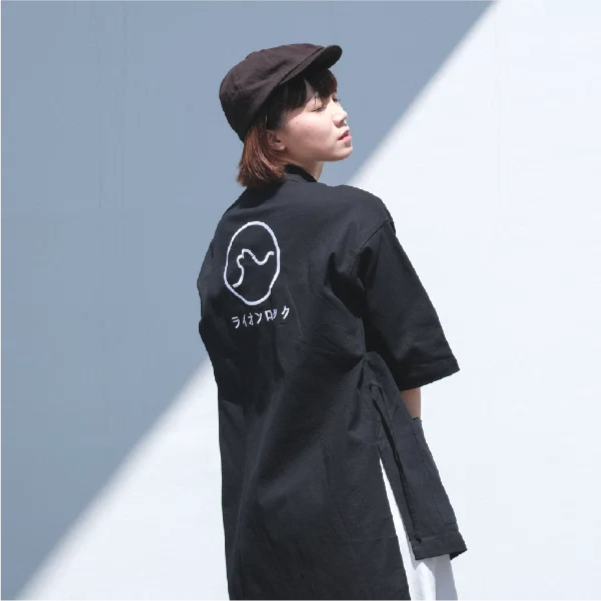 Female model back view wearing black Kamon Kimono Jacket-Lion Rock at Grandmama Store in Hong Kong