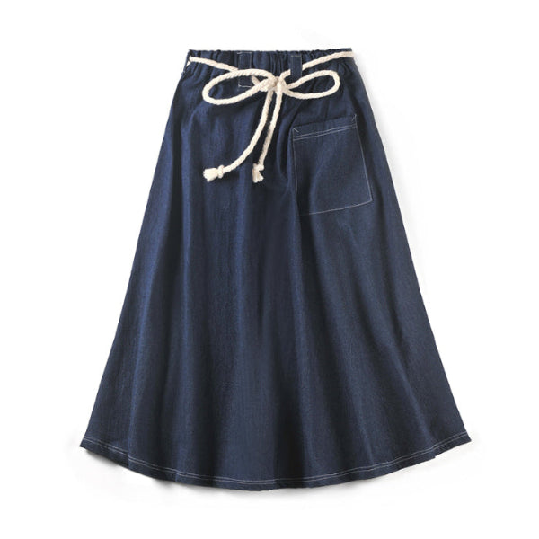 Flat-lay thumbnail view of the Kamon Denim Dress-Fujisan in navy blue with tied rope belt at Grandmama Store in Hong Kong.