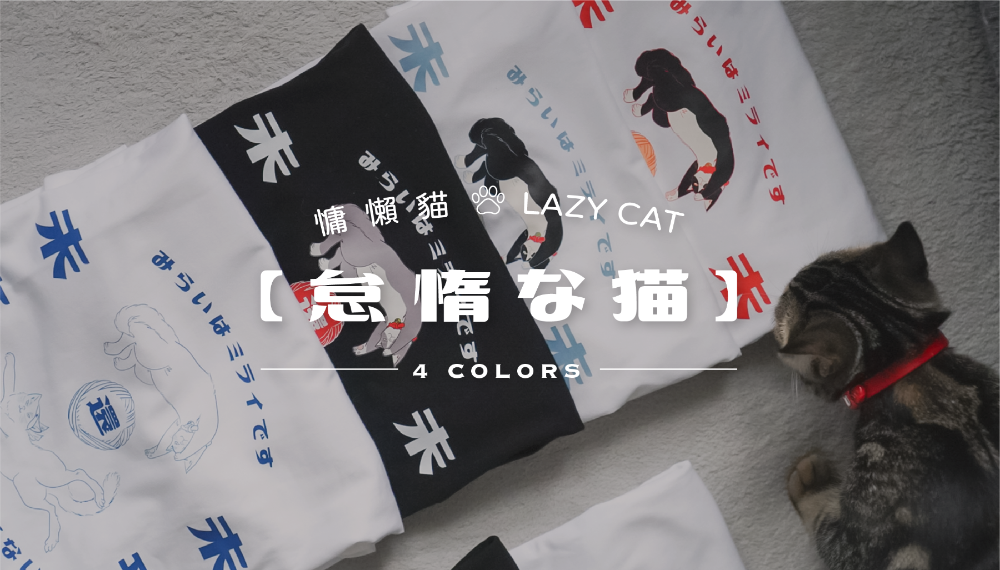 Flat lay of the 4 color variations of the Lazy Cat Tee alongside a small kitten at Grandmama Store in Hong Kong.