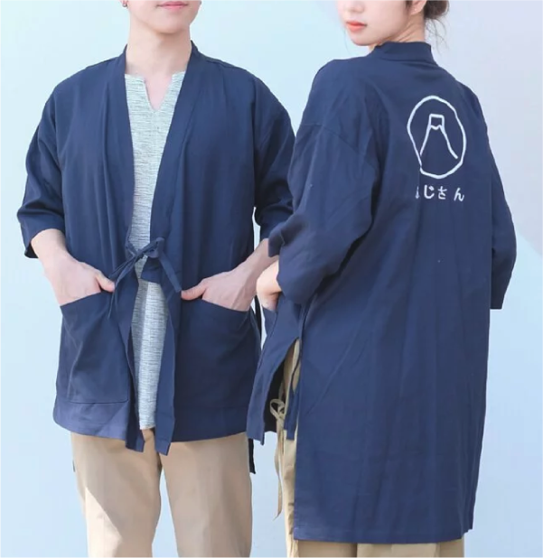 Front and back views of models wearing Navy Blue Kamon Kimono Jacket-Fuji San at Grandmama Store in Hong Kong