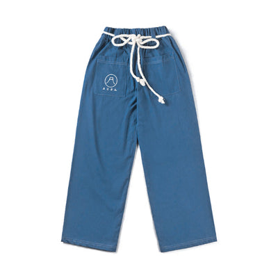 Front flat lay view of Kamon Japanese Waist Rope Pants in Mt. Fuji Oxford Blue at Grandmama Store in Hong Kong.