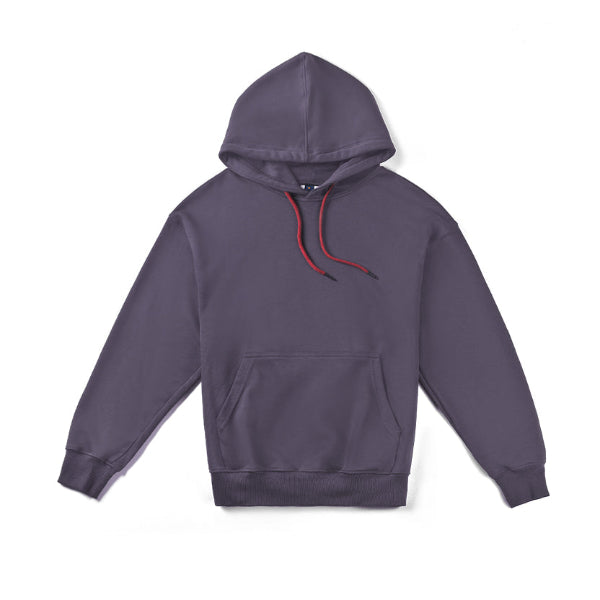 Front product shot of a dark purple Kamon Hoodie with red drawstrings at Grandmama Store in Hong Kong.