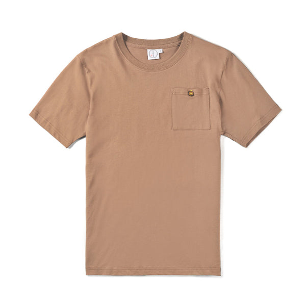 Front view flat lay of beige brown Kamon Tee with chest pocket at Grandmama Store in Hong Kong.