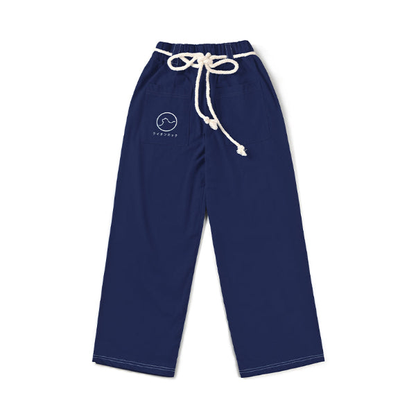 Front view of navy blue Kamon Japanese Waist Rope Pants with Lion Rock logo at Grandmama Store in Hong Kong.