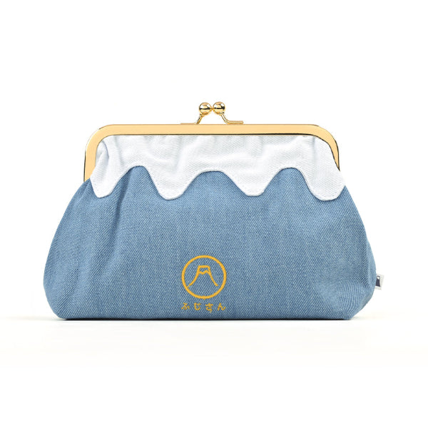 Front view of the light denim blue Mt. Fuji Pocket Bag with gold kiss-lock closure at Grandmama Store in Hong Kong.