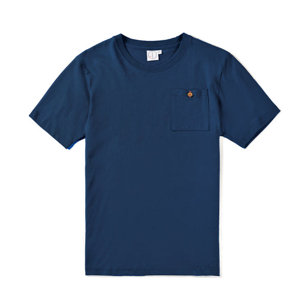 Front view of the navy blue Kamon Tee-Fujisan t-shirt with a chest pocket at Grandmama Store in Hong Kong.