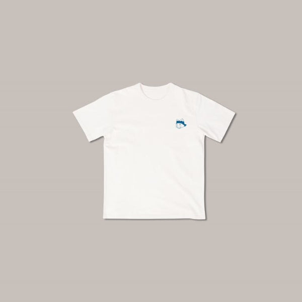 Front view of the white Dancing Cat Tee with small bright blue chest logo at Grandmama Store in Hong Kong.