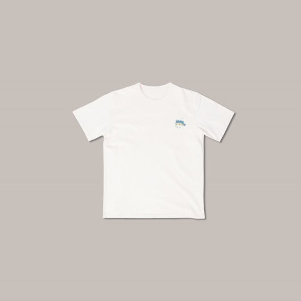 Front view of the white Dancing Cat Tee with small chest logo at Grandmama Store in Hong Kong.