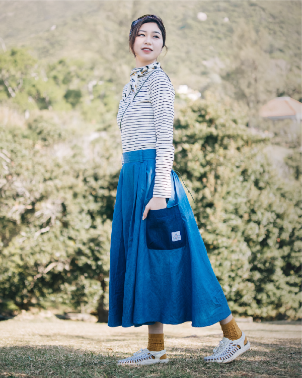 Full-body lookbook shot of the light blue Yama Ocean Pocket Dress at Grandmama Store in Hong Kong.