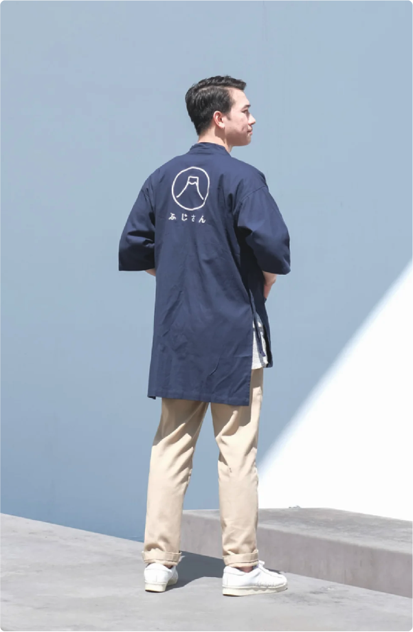 Full shot of male model wearing Navy Blue Kamon Kimono Jacket-Fuji San at Grandmama Store in Hong Kong