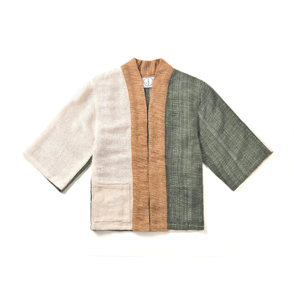 Hand-cranked Kimono in Yakushima olive green and beige flat-lay view at Grandmama Store in Hong Kong.